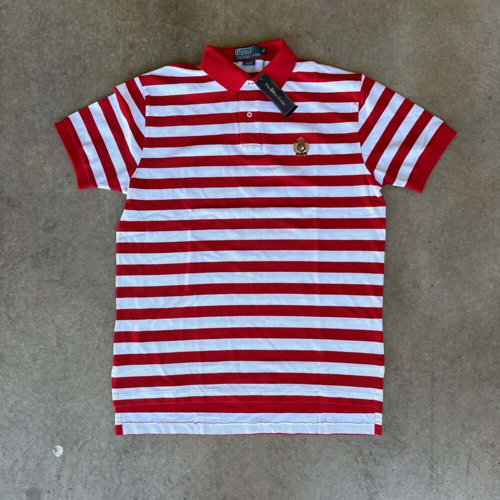 NWT Vintage Polo Ralph Lauren Embroidered Crest Stripe Red/White Polo Shirt Mens